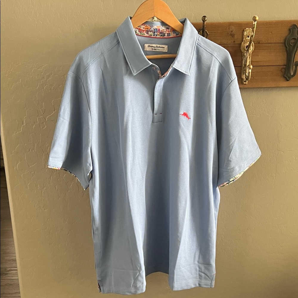 Tommy Bahama Light Blue Polo with Pink Fish Logo